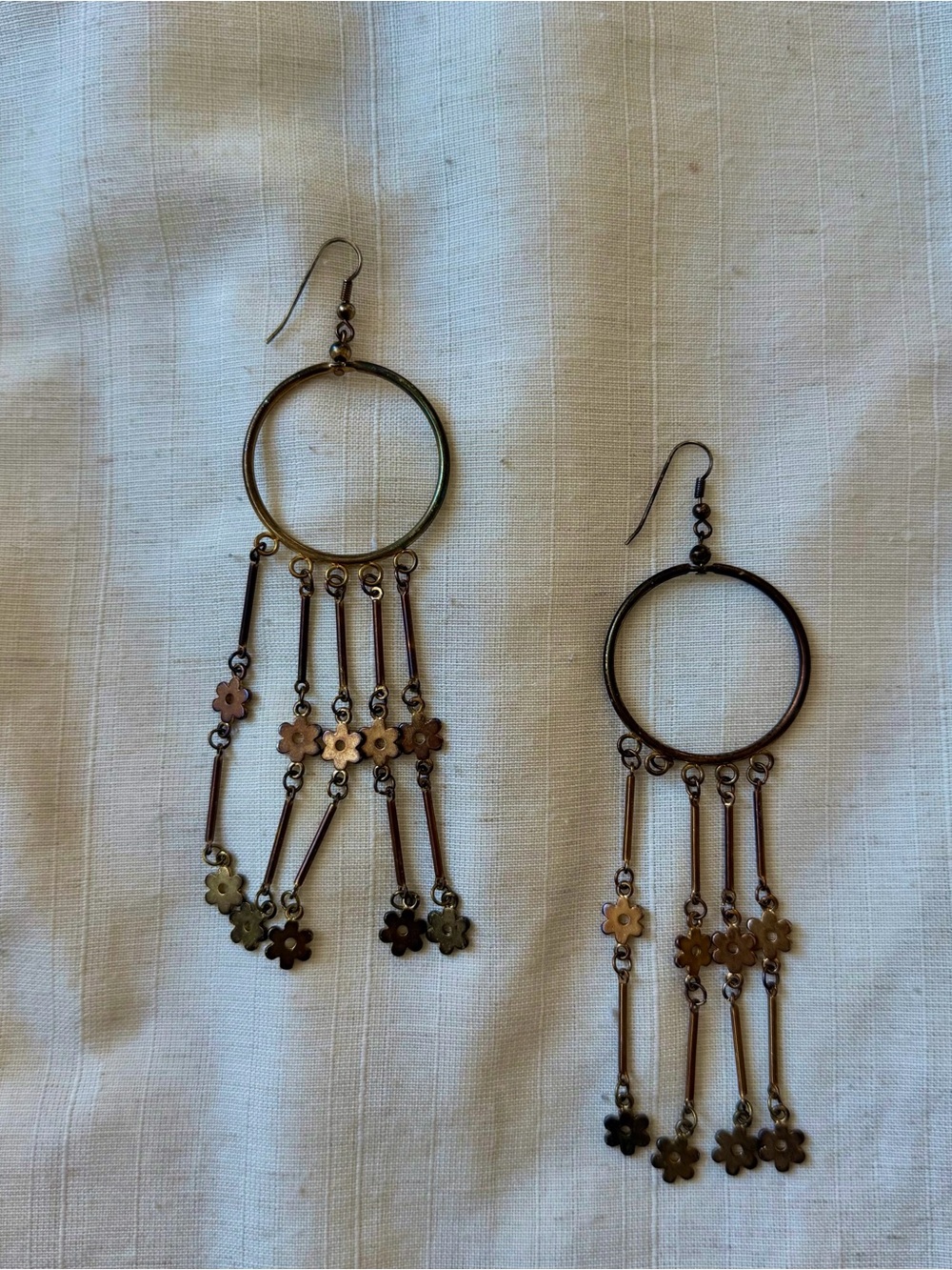 Vintage Brass Floral Dangle Hoop Earrings